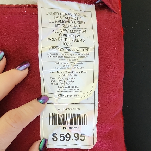 Pier 1 100% Cowhide Red Accent Pillow with Geometric Design - Picture 3 of 7